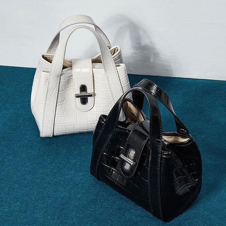 Croc-Embossed Leather Buckle Top-Handle Bucket Bag