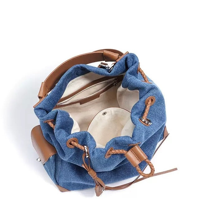 Women's Genuine Leather Denim Patchwork Cool Travel Backpack