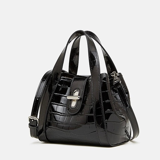 Croc-Embossed Leather Buckle Top-Handle Bucket Bag