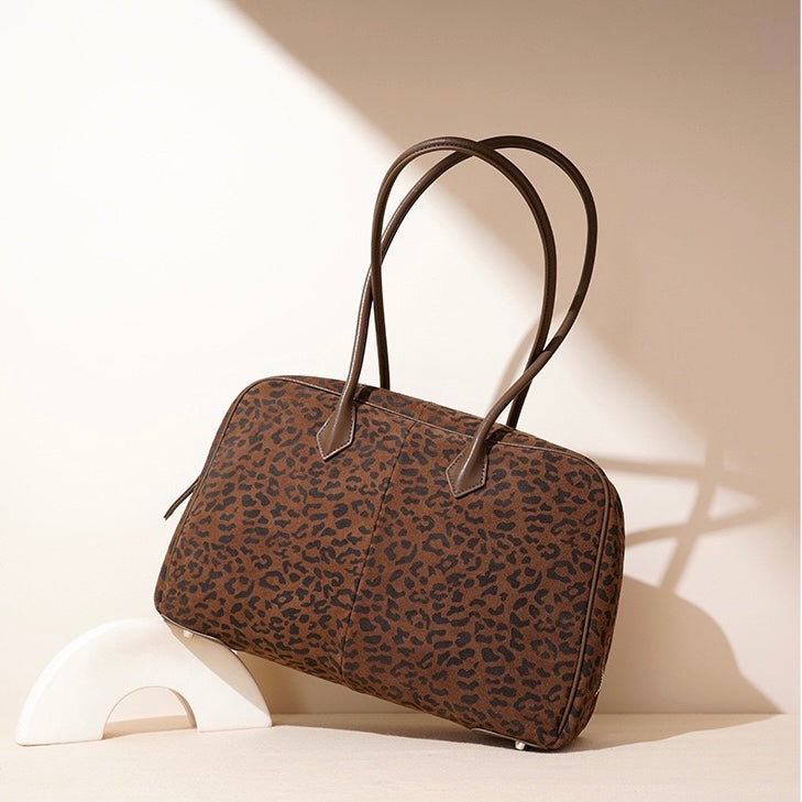 Women's Leopard Print Genuine Leather Large Capacity Bowling Bag