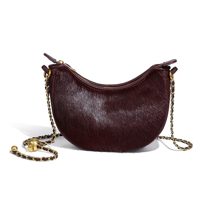 Genuine Leather Leopard Print Half Moon Shaped Ladies Crossbody Shoulder Bag