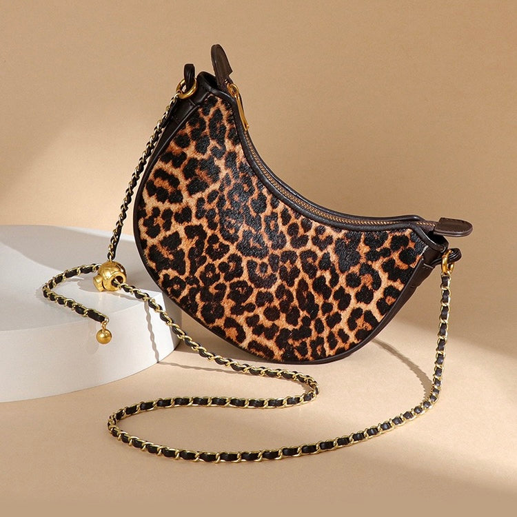 Genuine Leather Leopard Print Half Moon Shaped Ladies Crossbody Shoulder Bag