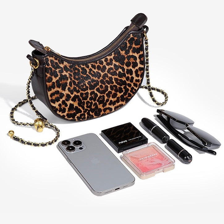 Genuine Leather Leopard Print Half Moon Shaped Ladies Crossbody Shoulder Bag