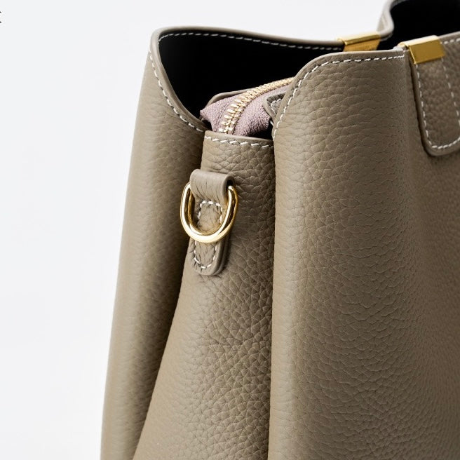 Classic Gold-Trimmed Genuine Leather Bucket Handbag