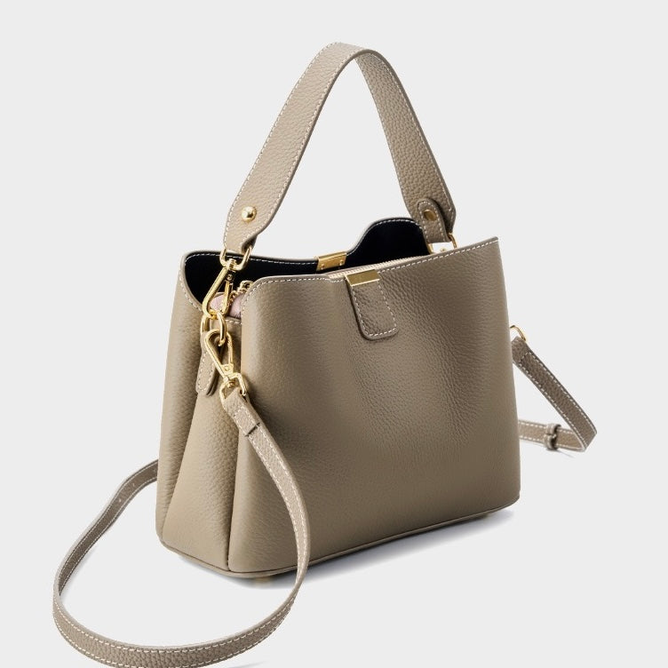 Classic Gold-Trimmed Genuine Leather Bucket Handbag