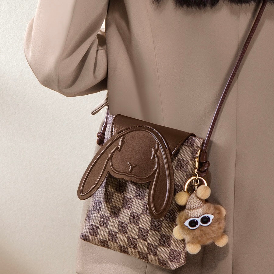 Plaid Cute Collision Rabbit Genuine Leather Mini Crossbody Phone Bag