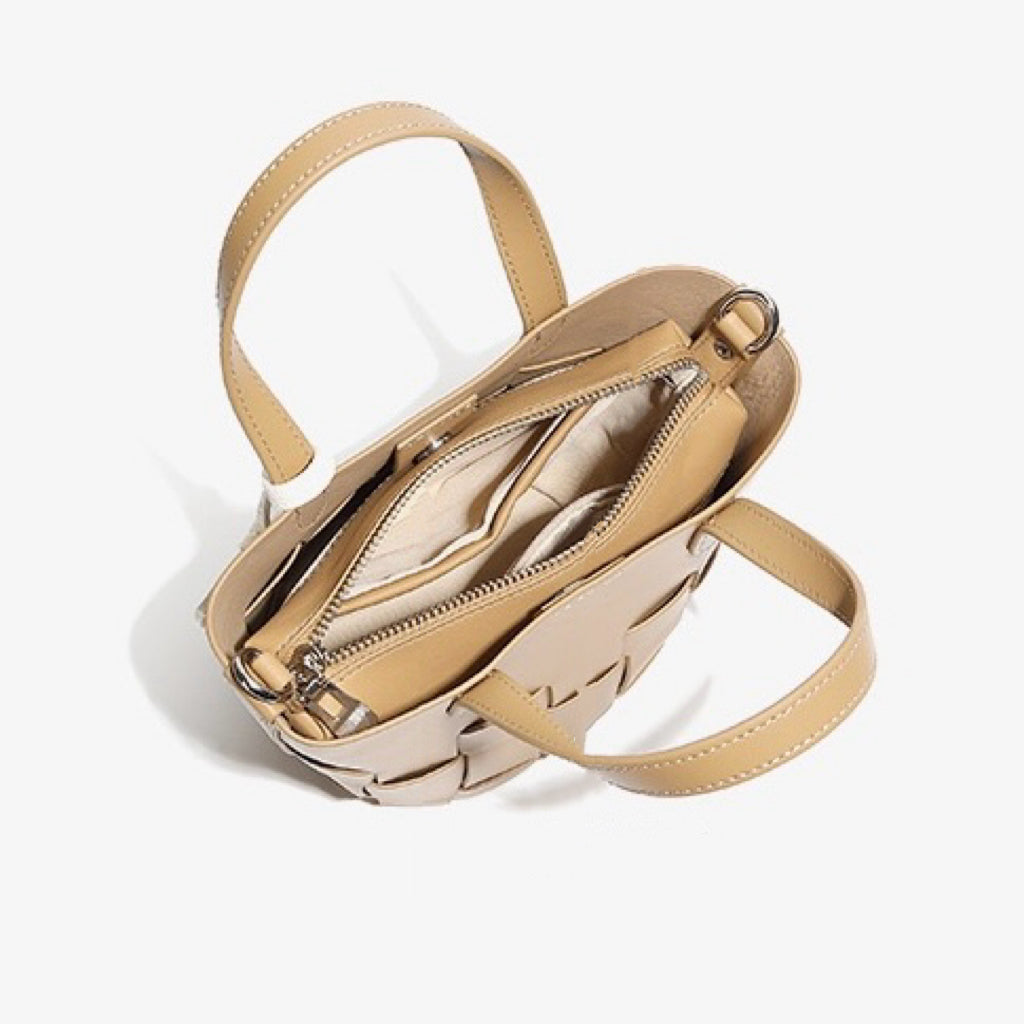 Women's Handmade Genuine Leather Woven Picnic Basket Bag With Cute Panda Charm