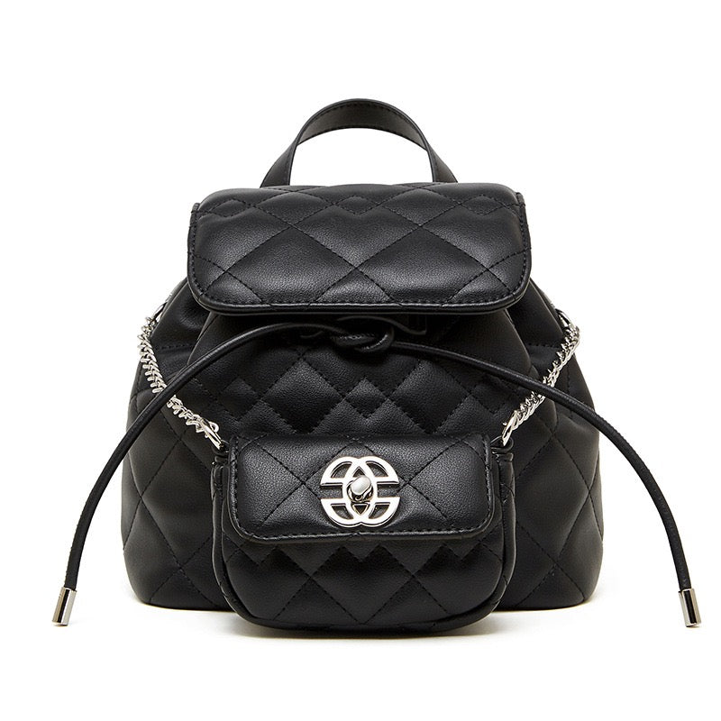 Chic Diamond-Quilted Genuine Leather Mini Backpack with Detachable Pouch