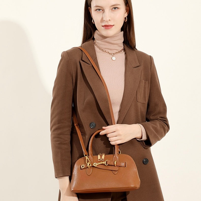 Women's Genuine Leather Shell Bag Vintage Elegant Top Handle Shoulder Crossbody Bag