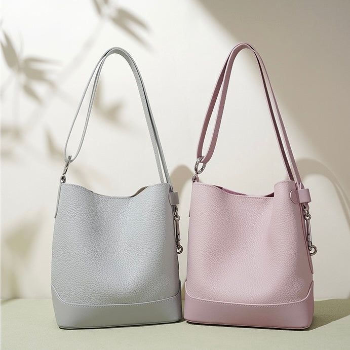 Women’s Genuine Leather Lychee Grain Bucket Shoulder Crossbody Bag