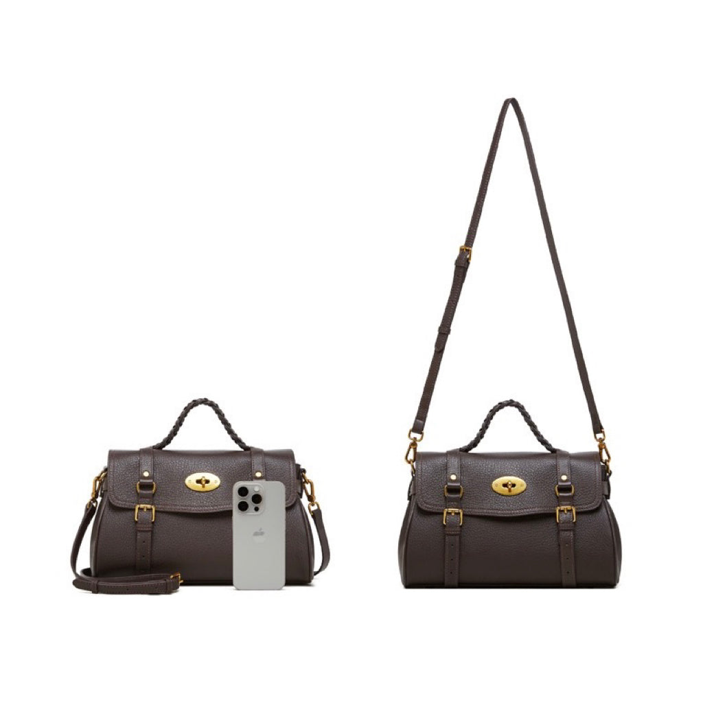 Classic Buckle-Detail Leather Satchel with Braided Handle