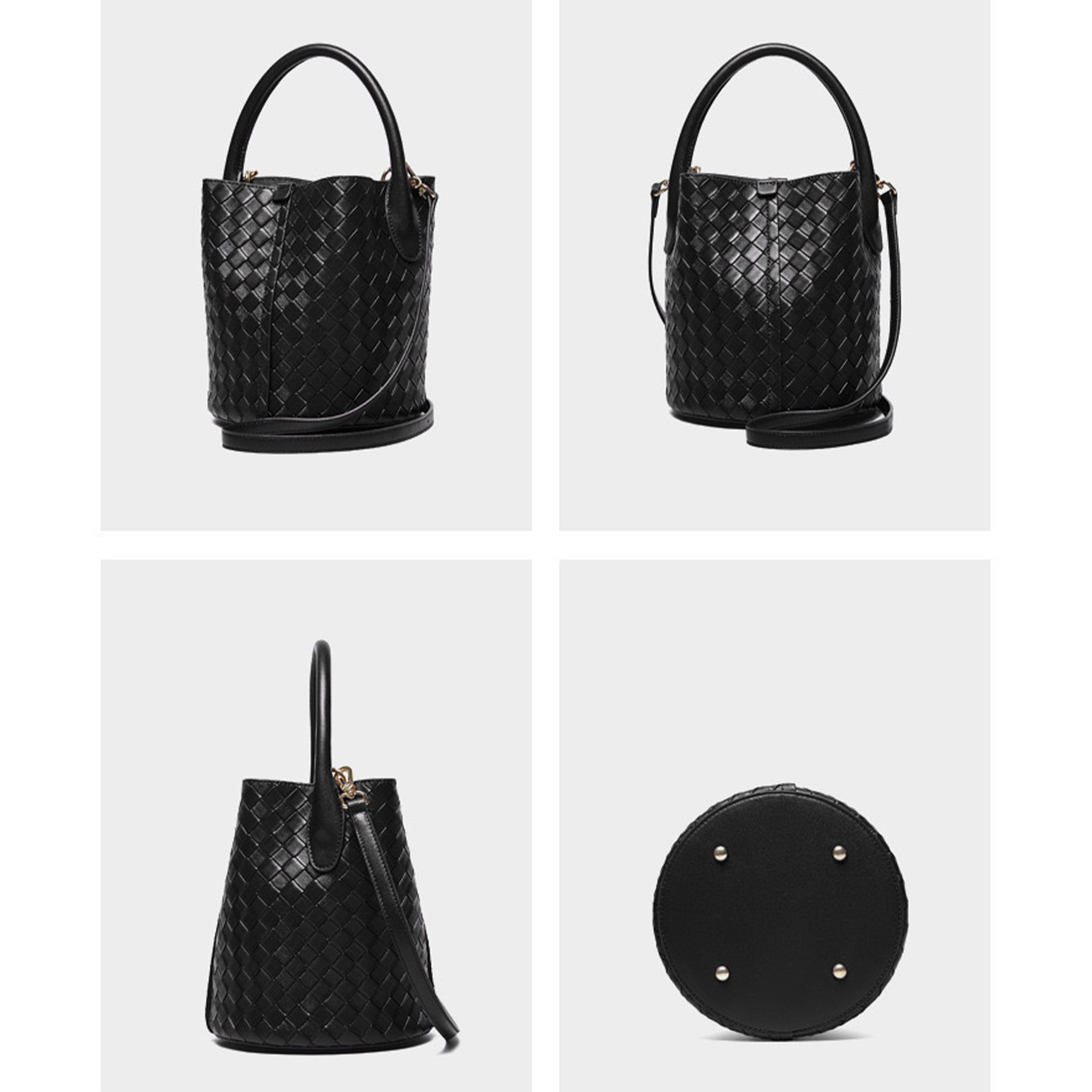 Women’s Luxury Genuine Leather Woven Bucket Crossbody Handbag