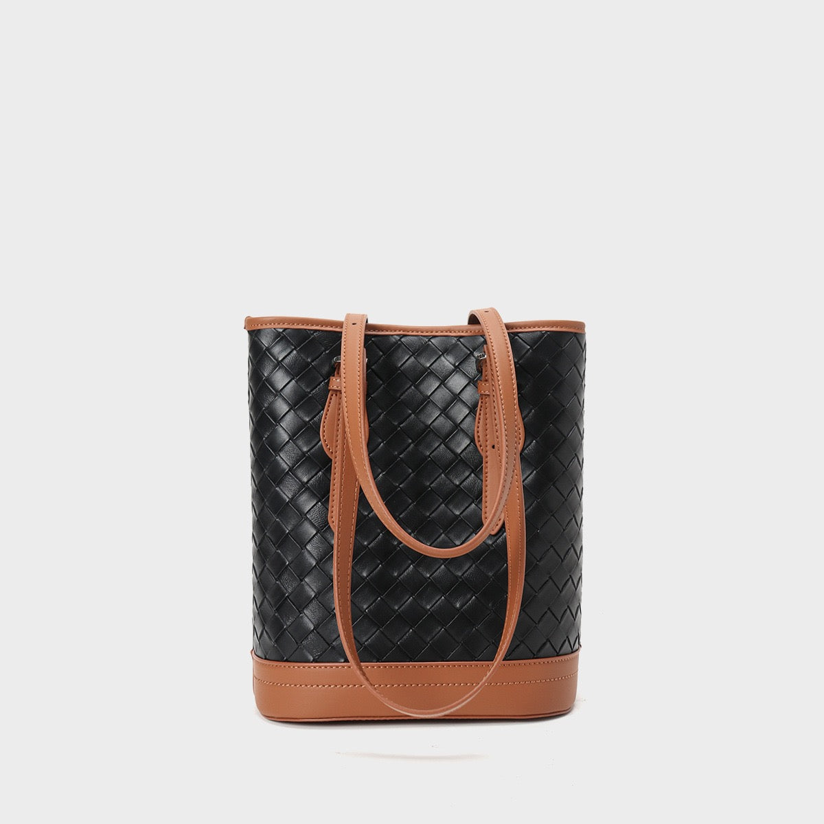 Woven Genuine Leather Color Block Bucket Tote Bag