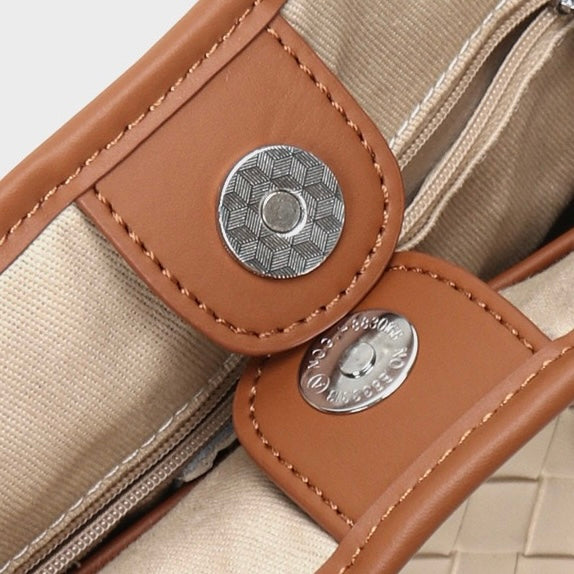 Woven Genuine Leather Color Block Bucket Tote Bag