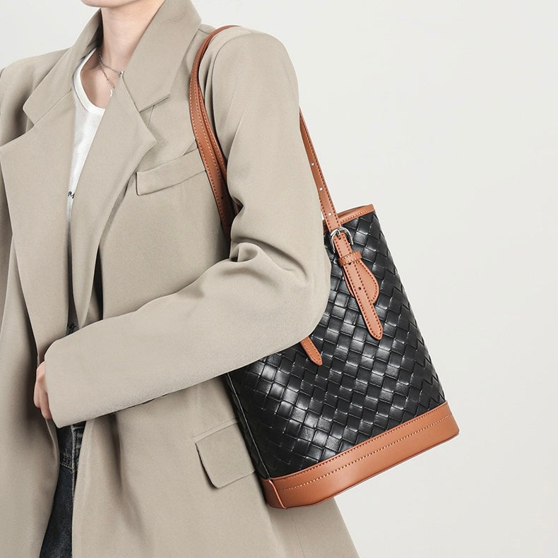Woven Genuine Leather Color Block Bucket Tote Bag