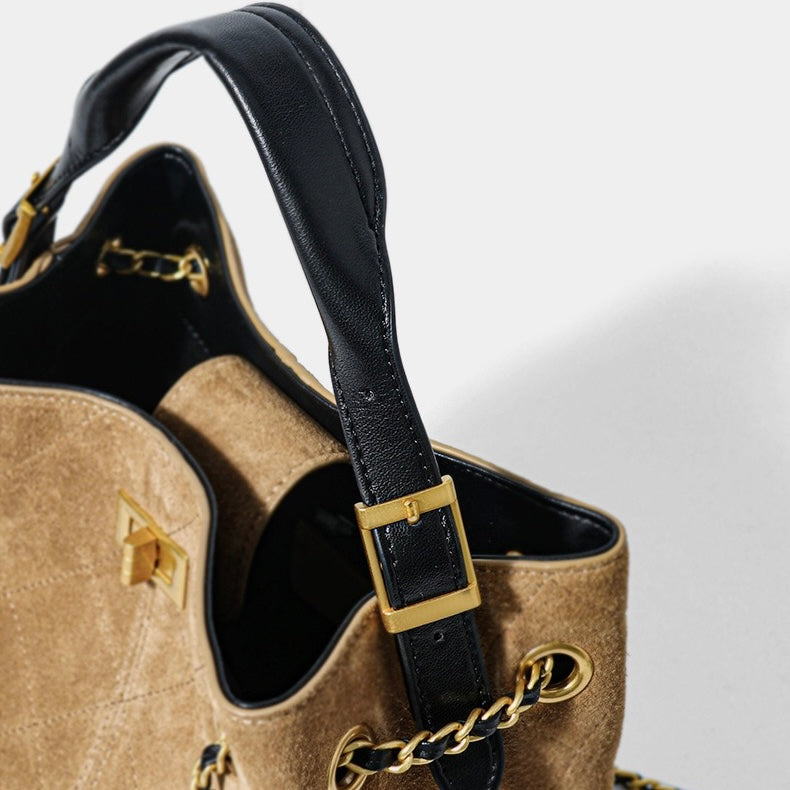 Suede Genuine Leather Color Block Chain Bucket Bag