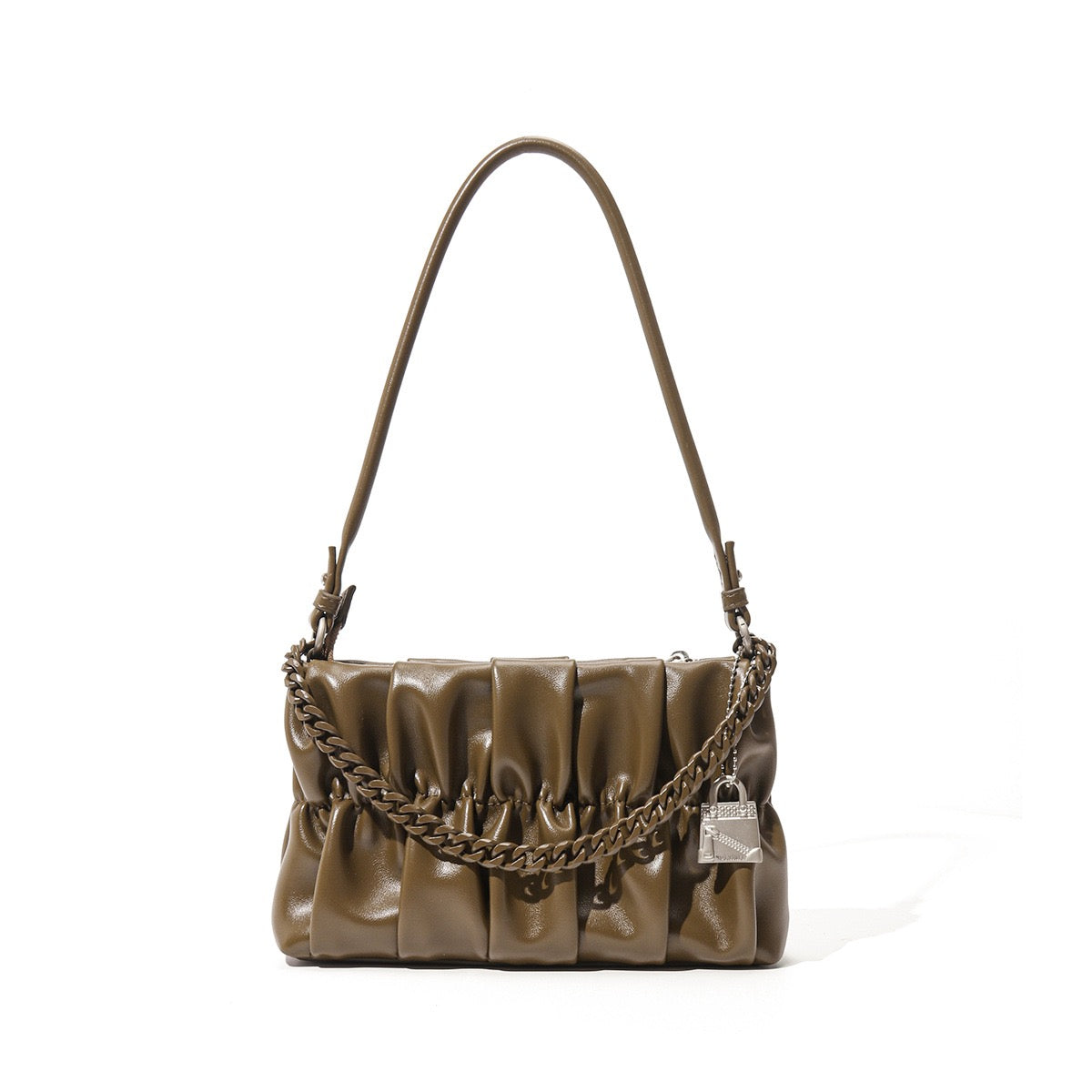 Textured Olive Genuine Leather Shoulder Bag with Chain & Lock Charm