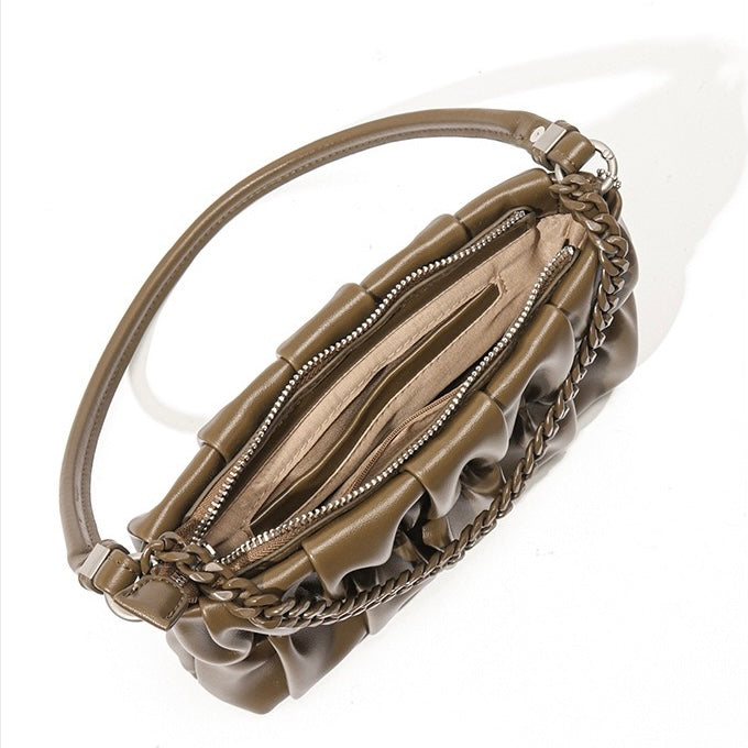 Textured Olive Genuine Leather Shoulder Bag with Chain & Lock Charm