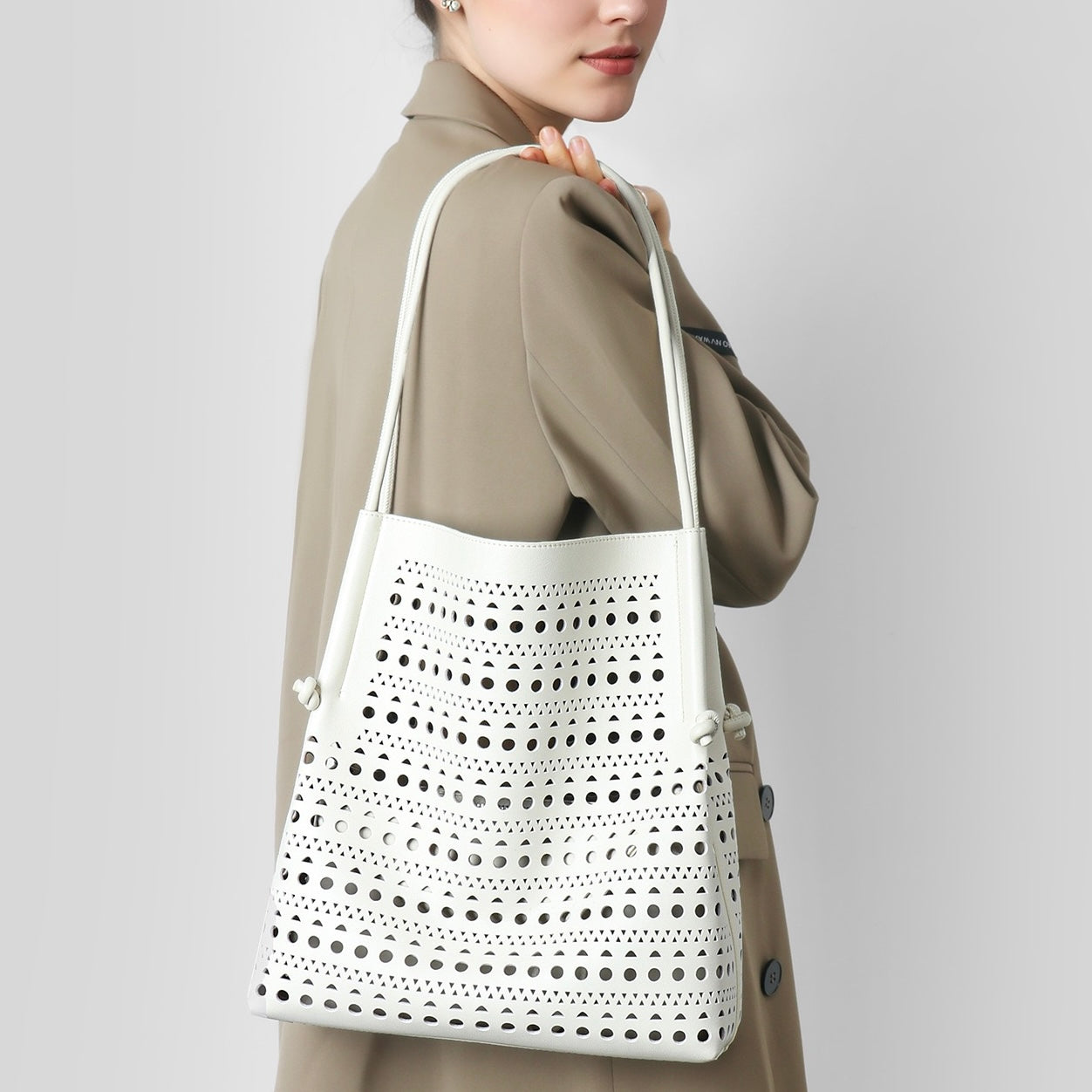 Genuine Leather Perforated Tote Bag with Detachable Pouch