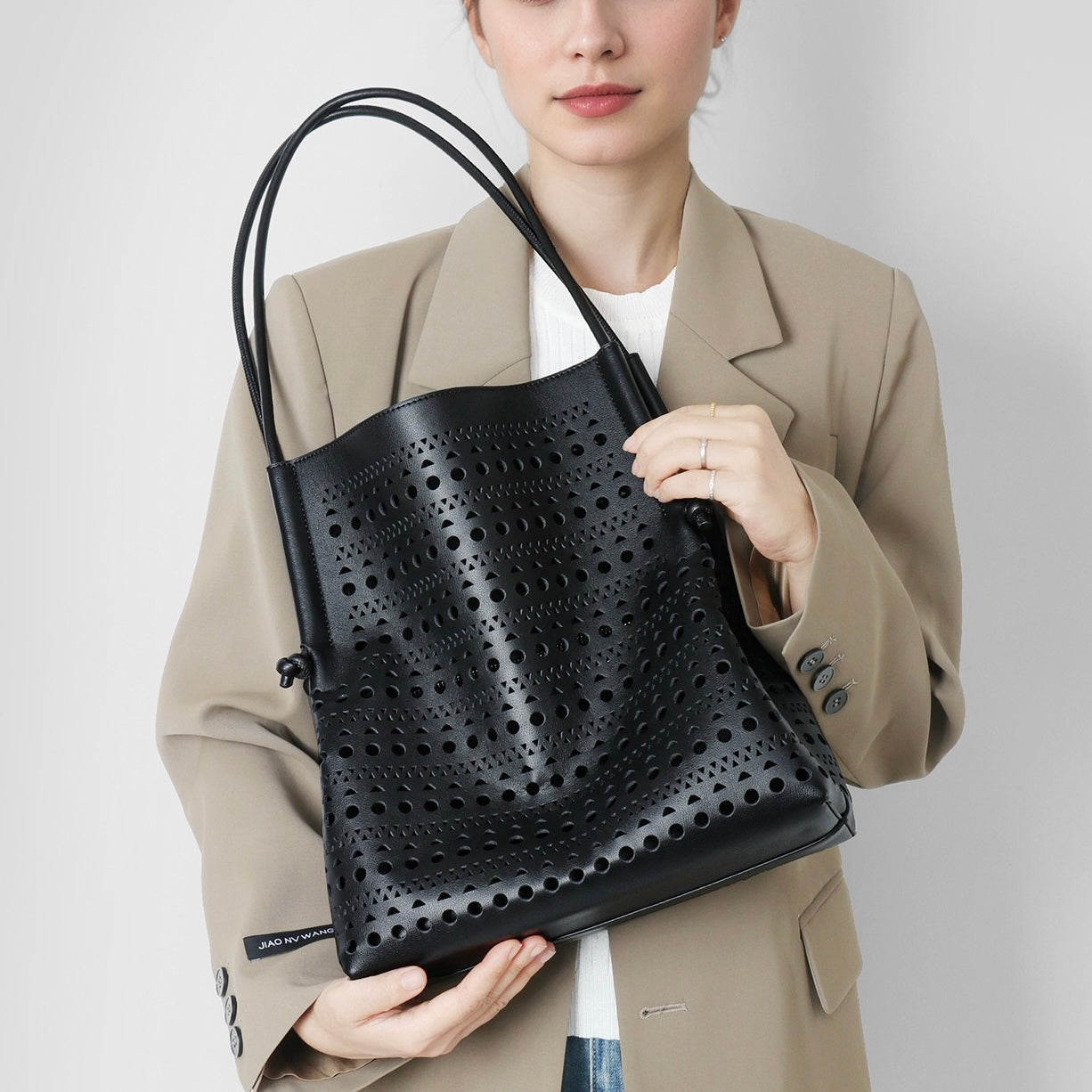 Genuine Leather Perforated Tote Bag with Detachable Pouch