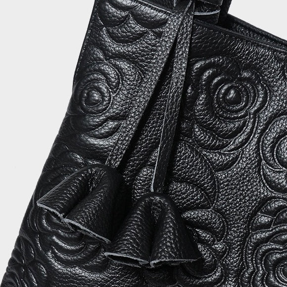 Genuine Leather Rose Embossed Tote Bag With Detachable Strap