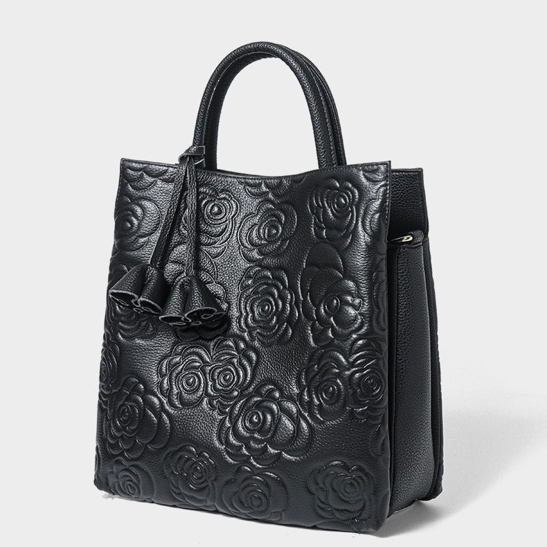 Genuine Leather Rose Embossed Tote Bag With Detachable Strap
