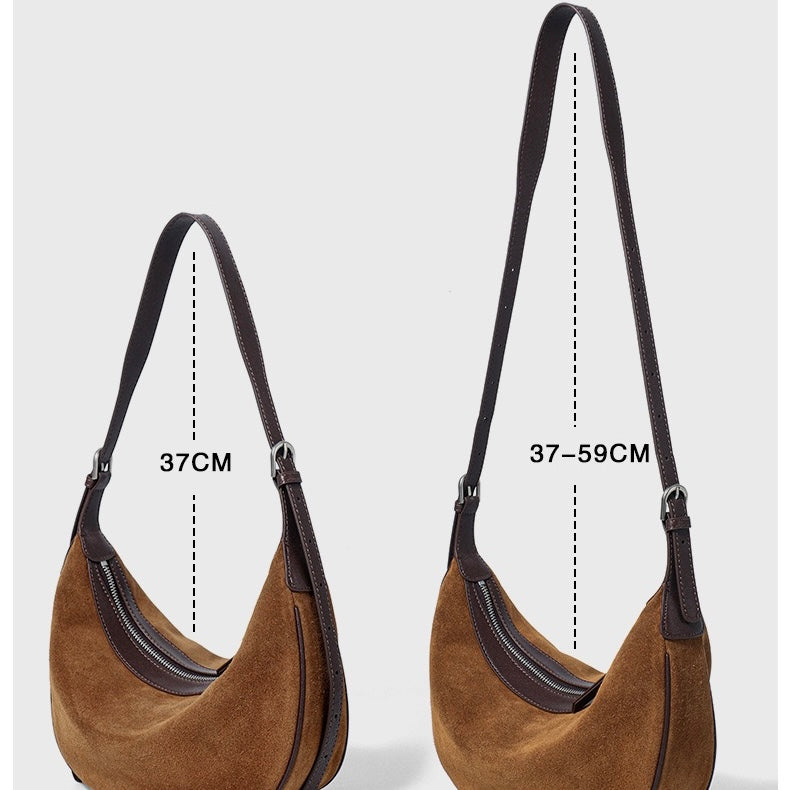 Brown Suede Leather Hobo Shoulder Dumpling Bag