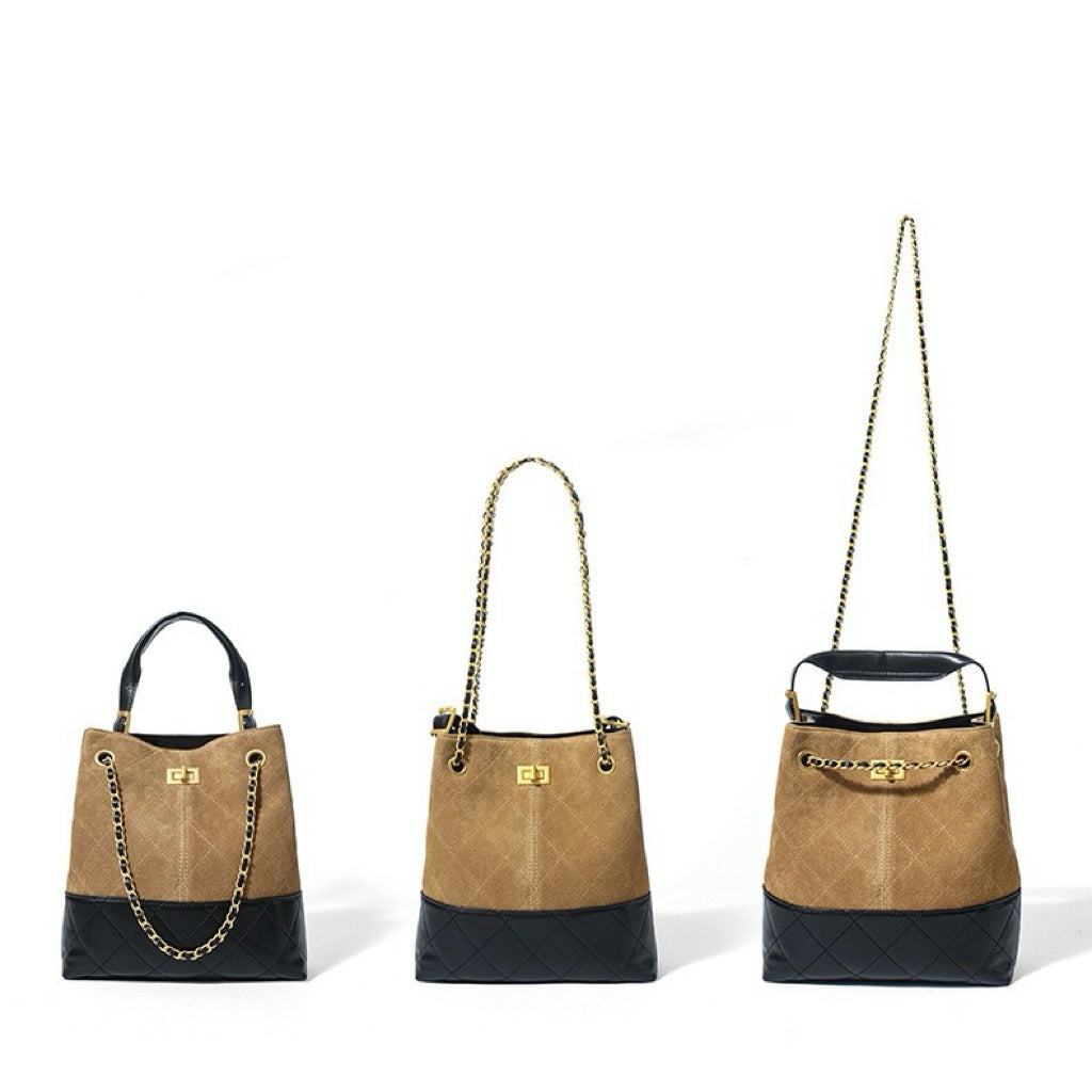 Suede Genuine Leather Color Block Chain Bucket Bag