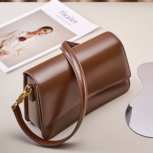 Women’s Genuine Leather Multifunctional Baguette Shoulder Bag with French Chic