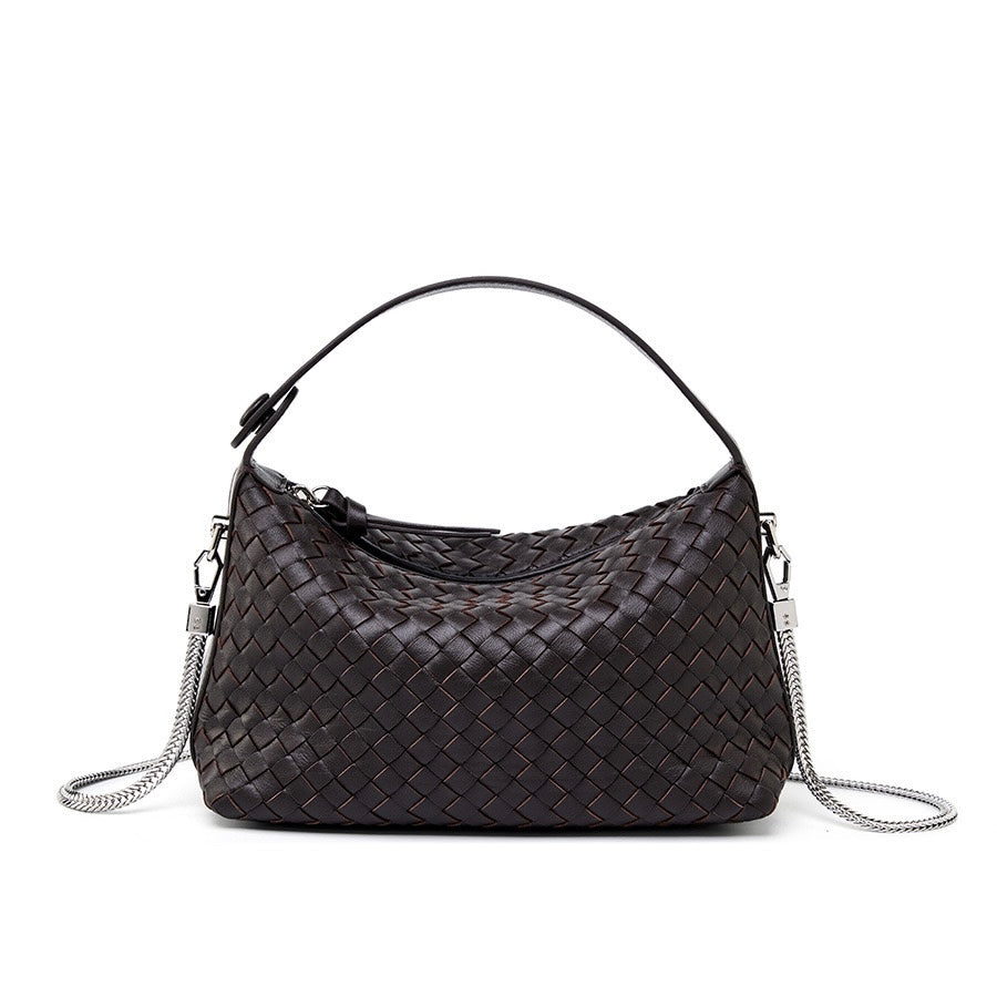 Women’s Genuine Sheepskin Leather Woven Dumpling Clutch Bag with Chain Strap