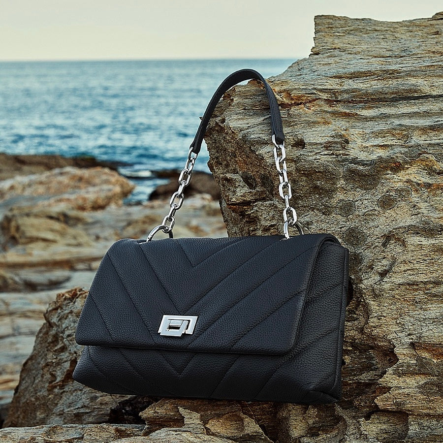 Chain-Embellished V-Quilted Genuine Leather Shoulder Bag