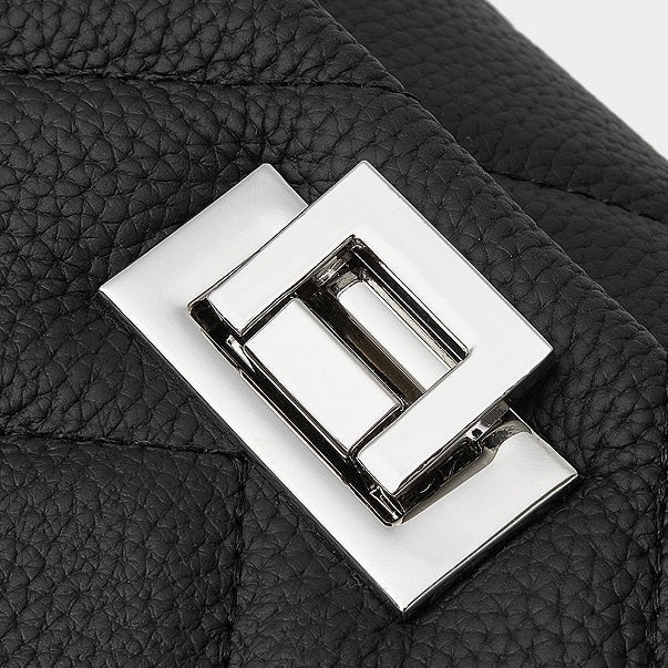 Chain-Embellished V-Quilted Genuine Leather Shoulder Bag