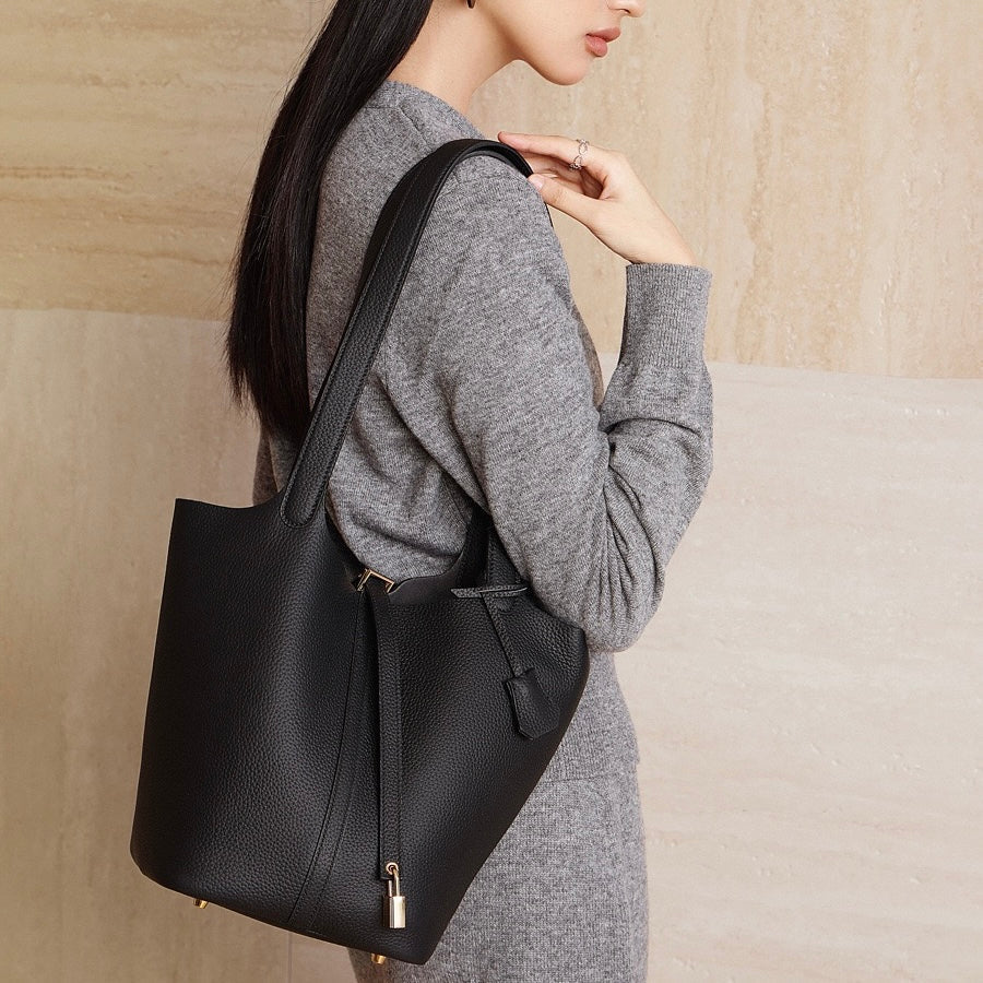 Textured Genuine Leather Tote Bag with Gold Buckle