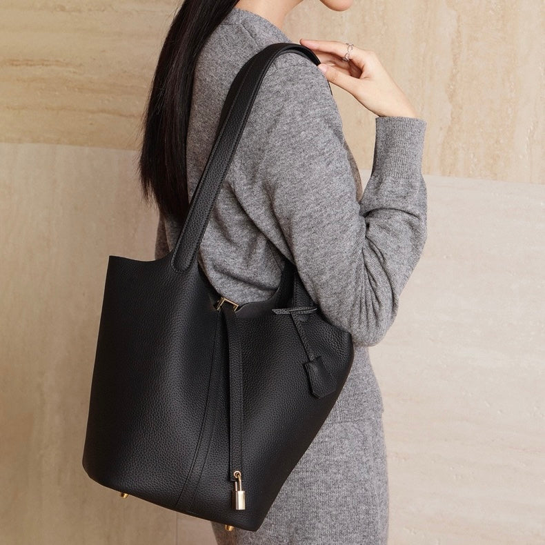 Textured Genuine Leather Tote Bag with Gold Buckle