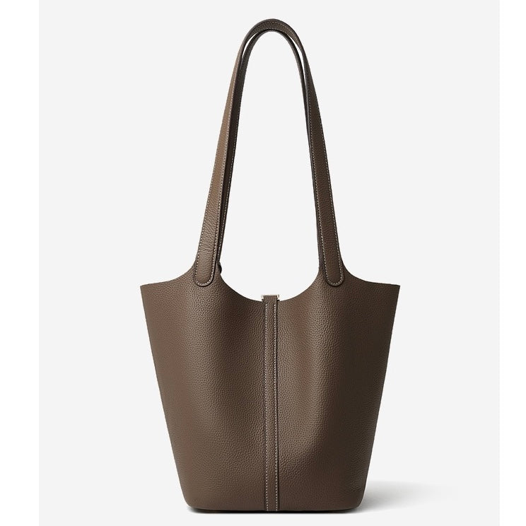 Textured Genuine Leather Tote Bag with Gold Buckle