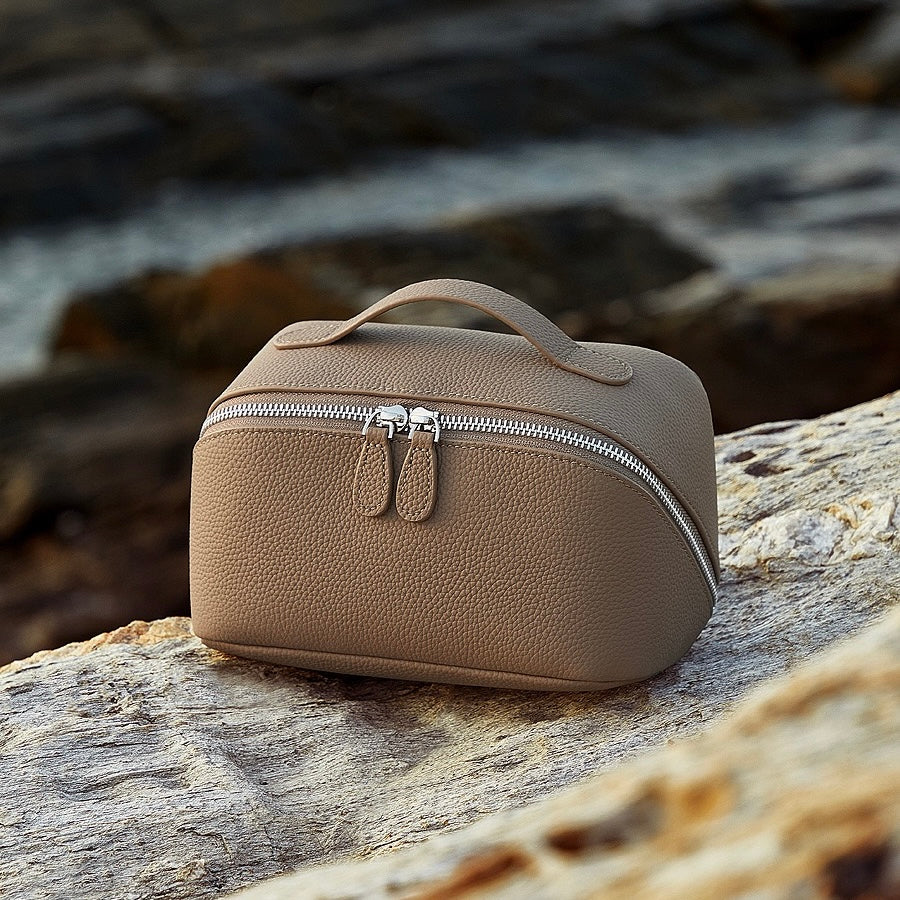 Textured Genuine Leather Top-Zip Vanity Clutch Bag