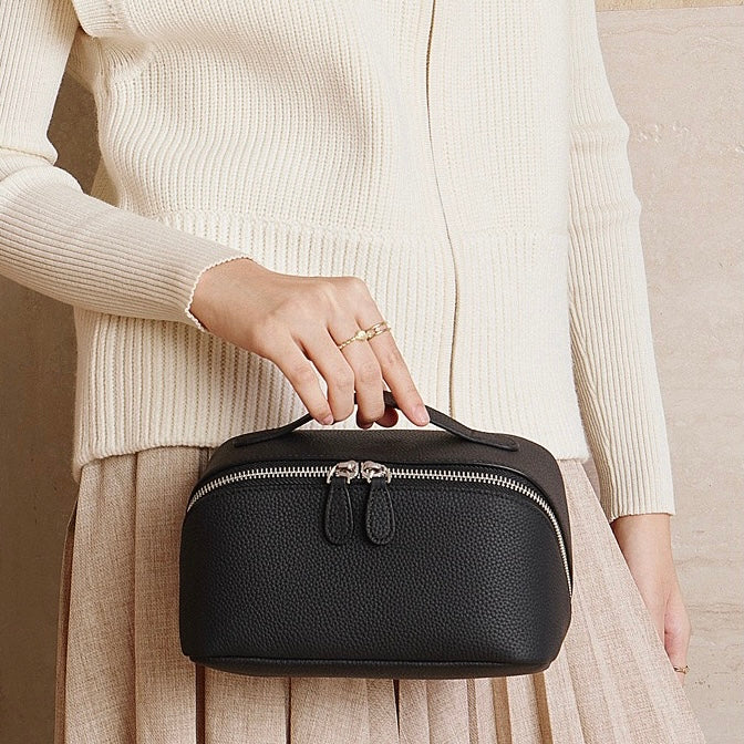 Textured Genuine Leather Top-Zip Vanity Clutch Bag