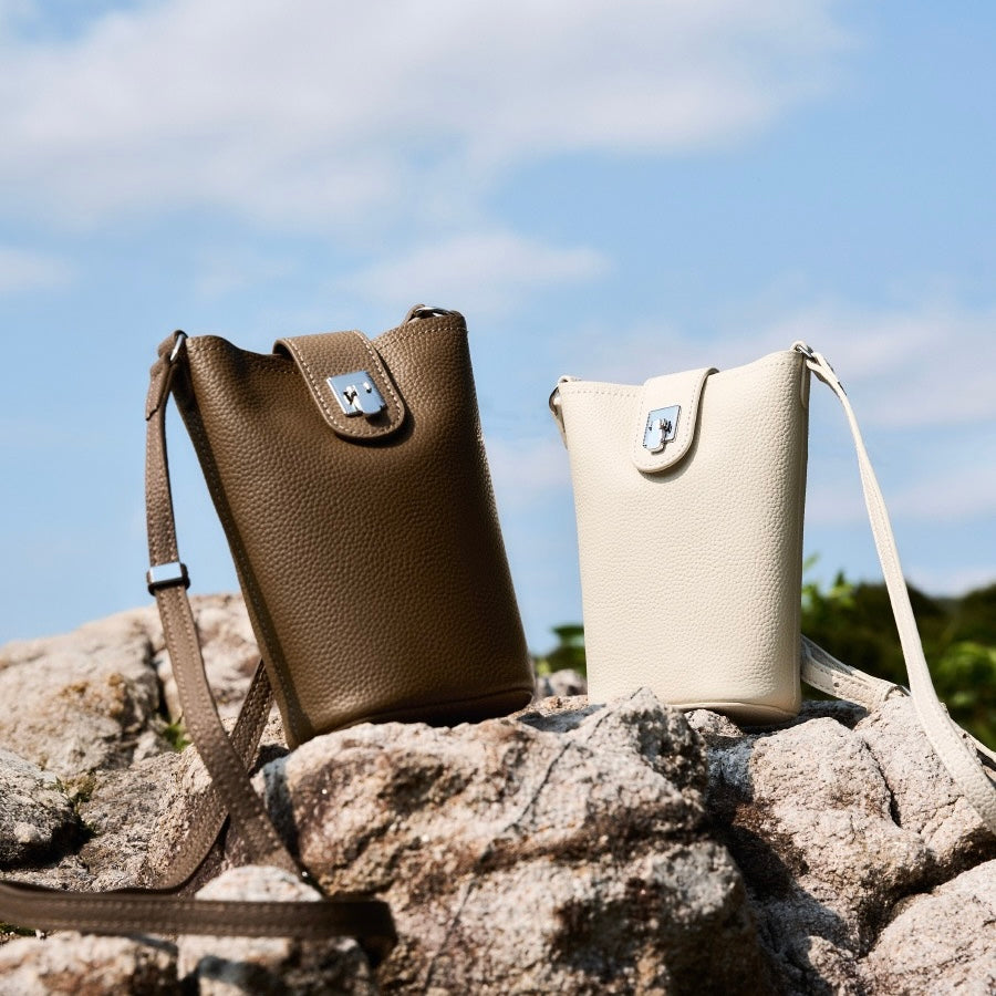 Women's Genuine Leather Vertical Drawstring Bucket Phone Bag