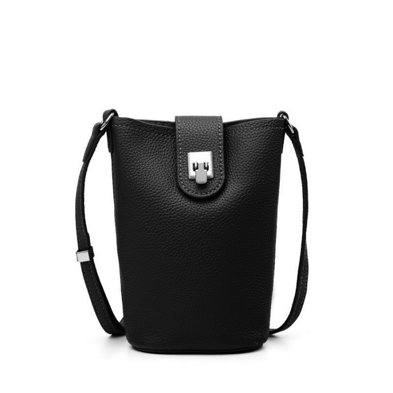 Women's Genuine Leather Vertical Drawstring Bucket Phone Bag