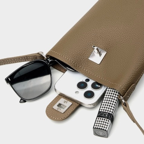 Women's Genuine Leather Vertical Drawstring Bucket Phone Bag