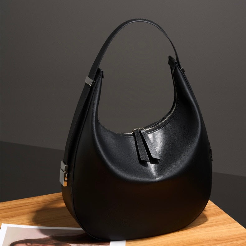Minimalist Design Genuine Leather Crescent Underarm Shoulder Handbag