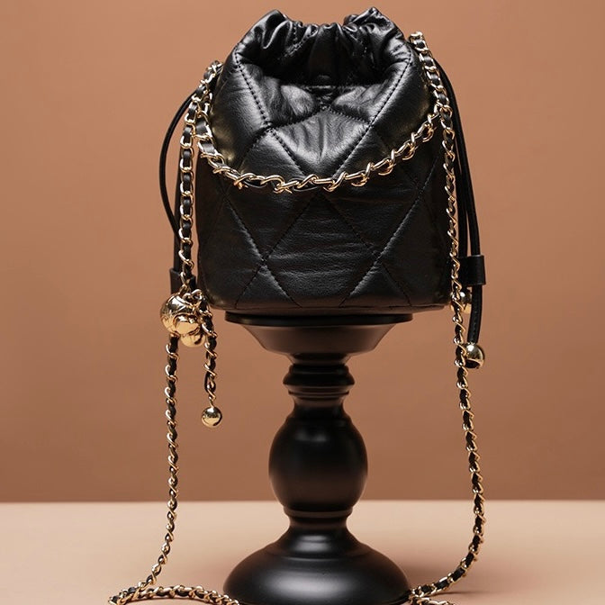 Women’s Genuine Leather Chic Bucket Bag with Chain Strap