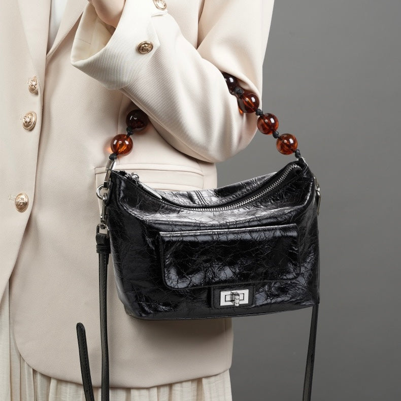 Women's Retro Waxed Genuine Leather Pleated Beaded Chain Crossbody Bag