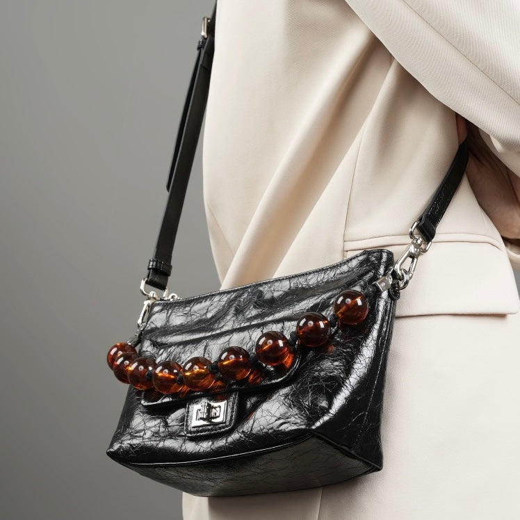 Women's Retro Waxed Genuine Leather Pleated Beaded Chain Crossbody Bag