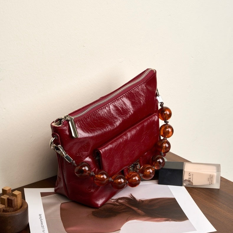Women's Retro Waxed Genuine Leather Pleated Beaded Chain Crossbody Bag