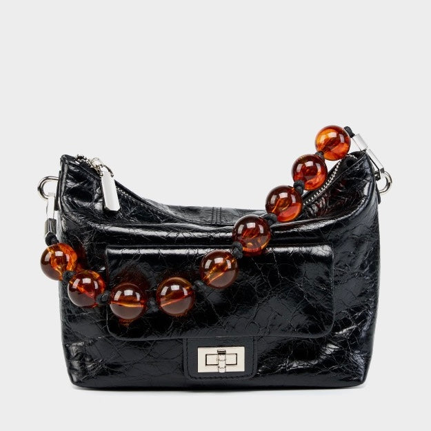 Women's Retro Waxed Genuine Leather Pleated Beaded Chain Crossbody Bag