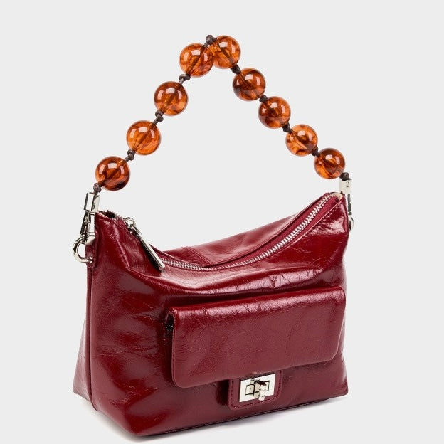 Women's Retro Waxed Genuine Leather Pleated Beaded Chain Crossbody Bag