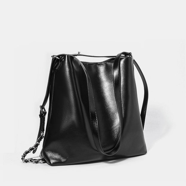 Versatile Carry Sleek Leather Chain-Strap Bucket Bag