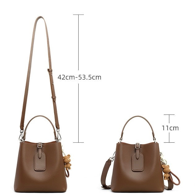 Coffee Genuine Leather Bucket Bag with Bear Charm