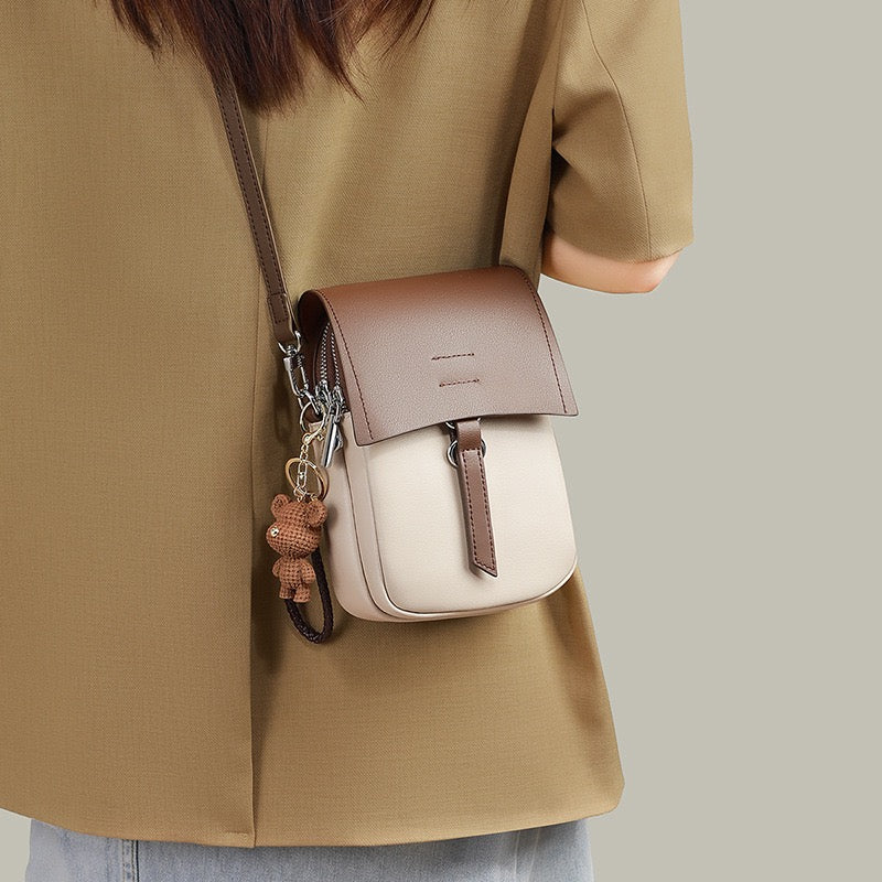 Color-Block Genuine Leather Mini Crossbody Phone Bag with Bear Charm